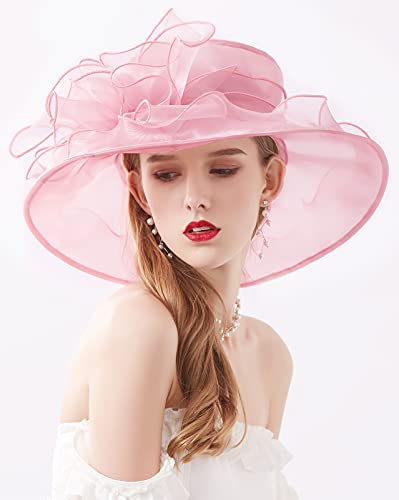 Women Derby Fascinator Hat Organza Church Wedding Hats Wide Brim Cocktail Tea Party Hat - color: 14 Pink
