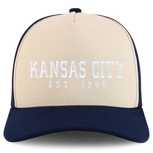 Trendy Apparel Shop KansasCity Est.1960 Embroidered 5 Panel Snapback Trucker Cap - color: Stone Navy