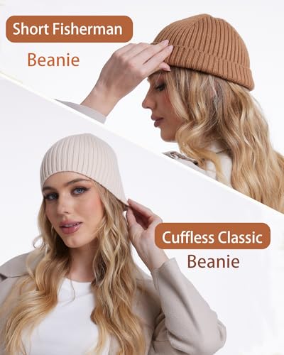 Wool Knit Beanie Hats for Men Women,Cuffless Winter Skull Caps - color: 1-beige