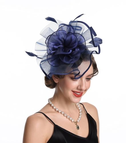 Women's Organza Church Vintage Wedding Fascinator Tea Party Wedding Hat Summer - color: Hj2-navy