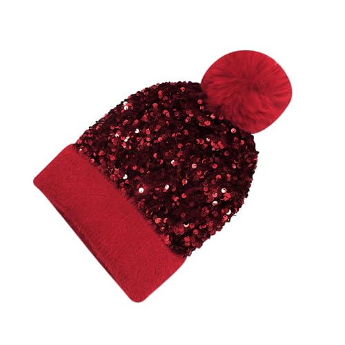 Women Girls Winter Sequin Beanie Hat with Faux Fur Pom Pom Knit Skull Cap - color: Red