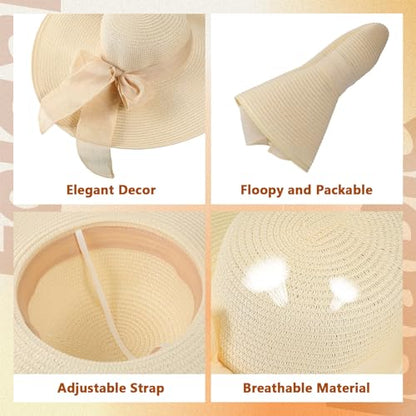 12 PCS Women's Wide Brim Straw Hats Floppy Sun Hat - color: Beige, style: Floppy