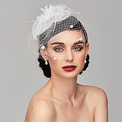 Tea Party Hat Fascinators Hats for Women Vintage Lace Mesh Floral Feather Hair Clip Headband with Veil for Church Wedding - color: White