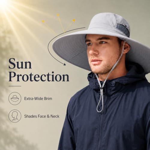 Wide Brim Sun Hat for Men Women UV Protection Bucket Fishing Hats - color: Light Gray Solid