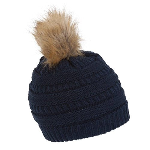 Gravity Threads Cable Knit Faux Fur Pom Pom Beanie Hat - color: Navy