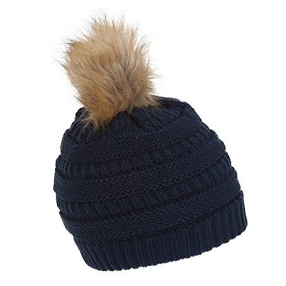 Gravity Threads Cable Knit Faux Fur Pom Pom Beanie Hat - color: Navy