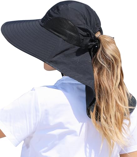 Womens Sun Hat Outdoor UV Protection Wide Brim Fishing Hat with Ponytail Hole Neck Flap for Beach Hiking Camping - color: Sun Hat-black