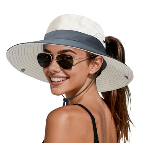 PFFY Sun Beach Hats for Women Men Wide Brim Fishing Bucket Hat - color: Beige/Grey