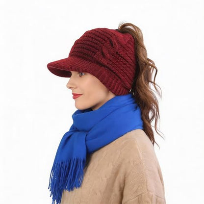 Women's BeanieTail Warm Knit Hat Messy High Bun Ponytail Visor Beanie Cap - color: B340-burgundy, size: Medium