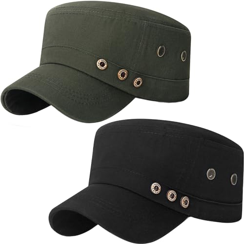 Cadet Army Hat 2 Pieces Flat Top Cap Unisex Military Hat for Women Men - color: Black C + Army Green C