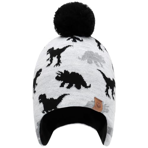 Duoyeree Kids Beanie Dinosaur Pom Pom Knit Winter Hat Fleece Lined for 1-7T - color: White Grey, size: 4-7 Years