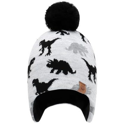 Duoyeree Kids Beanie Dinosaur Pom Pom Knit Winter Hat Fleece Lined for 1-7T - color: White Grey, size: 2-4T