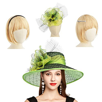 2026 Derby Hats for Women Ladies, Classy Organza Sun Hat, Church Tea Party Wedding Kentucky Fascinator Hat - color: B4215-green