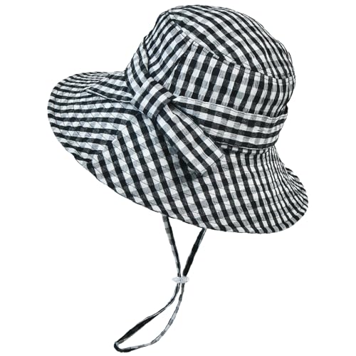 Women's Summer Plaid Sun Hat 100% Cotton Beach UV Protection Fishing Hat - color: Black