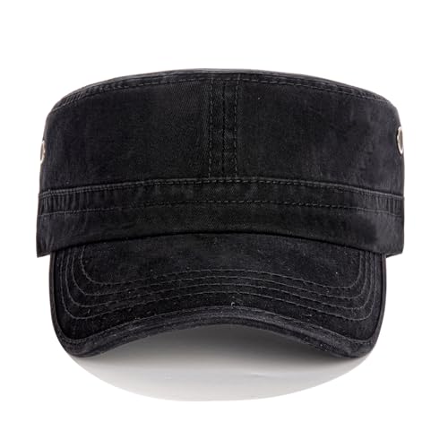 Army Cadet Cap for Men Women Washed Cotton Adjustable Flat Top Hats, Vintage Baseball Caps - color: Black