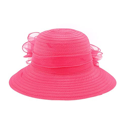 Haoohu Women's Church Derby Hat Wide Brim Bow Bucket Hat Wedding Dress Hat Fascinator Bridal Tea Party Hat - color: Rose Red