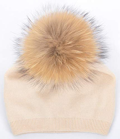 Women's Double Layer Winter Slouchy Knit Beanie Hat with Real Fur Pom Pom - color: Beige