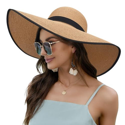 Women Wide Brim Sun Hat UPF50 Straw Summer Hat Floppy Beach Hat Roll-Up - color: Khaki