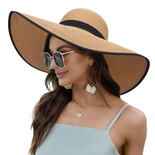 Women Wide Brim Sun Hat UPF50 Straw Summer Hat Floppy Beach Hat Roll-Up - color: Khaki