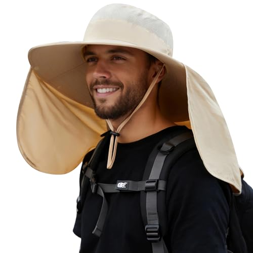 HUAMULAN Women Men Wide Brim Sun Hat Hiking Fishing Hats with Neck Flap - color: Beige With Mesh Panel