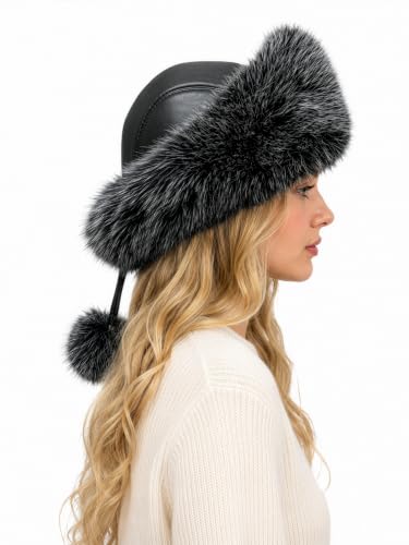 DLNYC Women’s Faux Leather Winter Hat with Faux Fur Trim, Soft Lined Cap with Hanging Cords & Pom-Poms, Warm Stylish Hat - color: Black & Silver