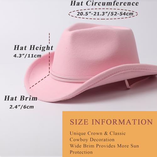 AQOKKA Cowboy Hat Wide Brim Western Cowgirl Hat with Buckle Belt Felt Fedora Cowboy Hat for Girl - color: Light Pink