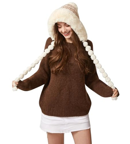 HUAMULAN Women Winter Peruvian Beanie Hat Ear Flaps Fleece Lining - color: Beige Floral