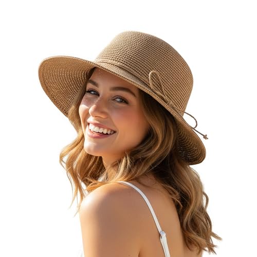 Womens Summer Straw Beach Sun Hats Packable Foldable Bucket - color: Khaki