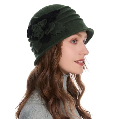 ZLYC Women Wool Cloche Bucket Hat 1920s Vintage Winter Hat with Flower - color: Mixed Green