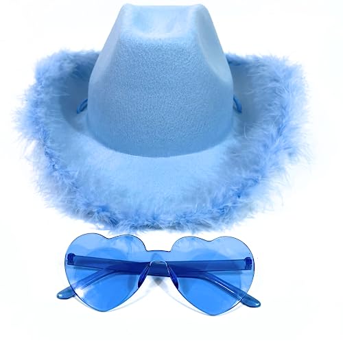 4E's Novelty Cowboy Hat with feathers With Heart Shaped Sunglasses for Women, Felt Cowgirl Hat for Party Costume Dress Up - color: Light Blue