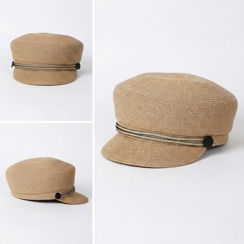Women's Polyester Straw Newsboy Cap, Gatsby Ivy Style Visor Beach Hat, Adjustable - color: Mixed Camel