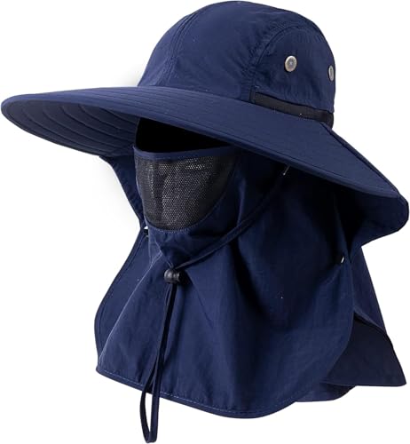 Mens Women Fishing Hat UPF 50+ Wide Brim Sun Hat with Face Cover & Neck Flap - color: Navy
