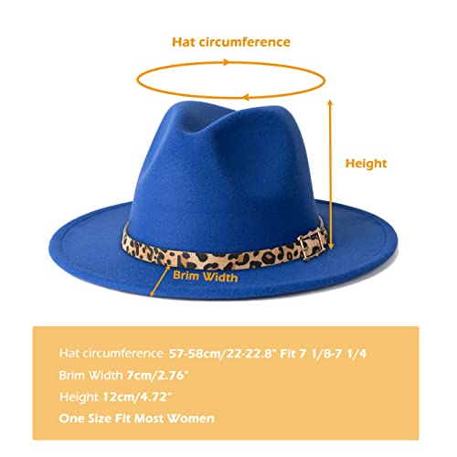 Women Two Tone Wide Brim Fedora Felt Panama Hat - color: Square Buckle-royal Blue Leopard