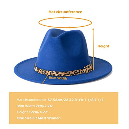 Women Two Tone Wide Brim Fedora Felt Panama Hat - color: Square Buckle-royal Blue Leopard