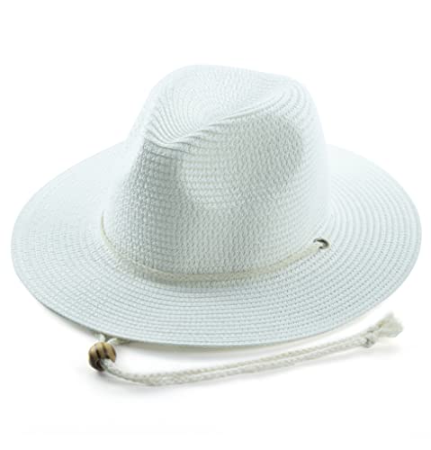 Women Straw Fedora Hat Summer Panama Beach Sun Hats UV UPF50+ Cap - color: White