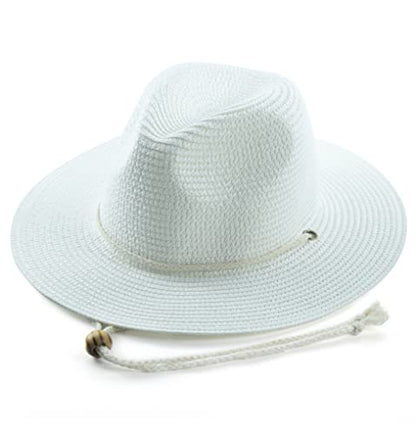 Women Straw Fedora Hat Summer Panama Beach Sun Hats UV UPF50+ Cap - color: White