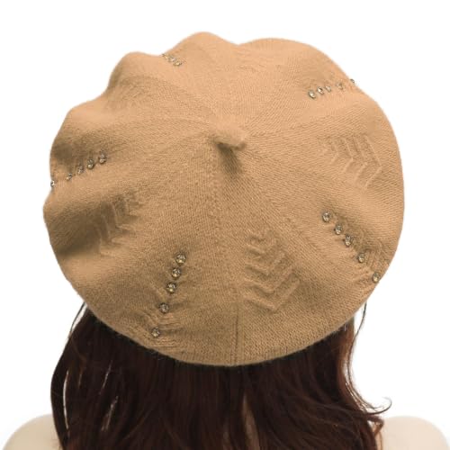 ZLYC Women French Beret Hat Reversible Solid Color Knit Warm Artist Cap - color: Rhinestones Camel