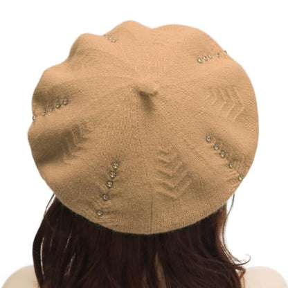 ZLYC Women French Beret Hat Reversible Solid Color Knit Warm Artist Cap - color: Rhinestones Camel
