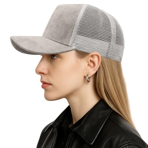TopTie Suede Mesh Baseball Cap, Breathable Snapback Trucker Cap, 5-Panel Unisex Adjustable Sports Hat for Outdoor - color: Grey
