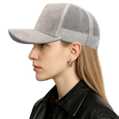 TopTie Suede Mesh Baseball Cap, Breathable Snapback Trucker Cap, 5-Panel Unisex Adjustable Sports Hat for Outdoor - color: Grey