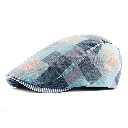 Gudessly Mens Adjustable Colorful Striped Plaid Ivy Newsboy Cabbie Gatsby Golf Cap Flat Cotton Hat Thin Cap - color: 826blue