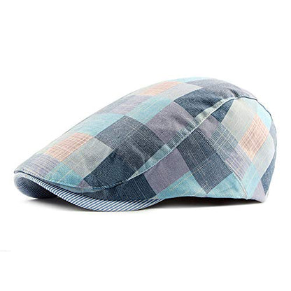 Gudessly Mens Adjustable Colorful Striped Plaid Ivy Newsboy Cabbie Gatsby Golf Cap Flat Cotton Hat Thin Cap - color: 826blue