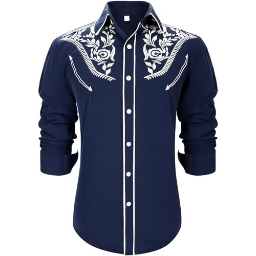 Western Shirts for Men Cowboy Shirts Long Sleeve Embroidered Country Shirt Slim Fit Button Down Shirt Casual Work - color: Blue, size: Medium