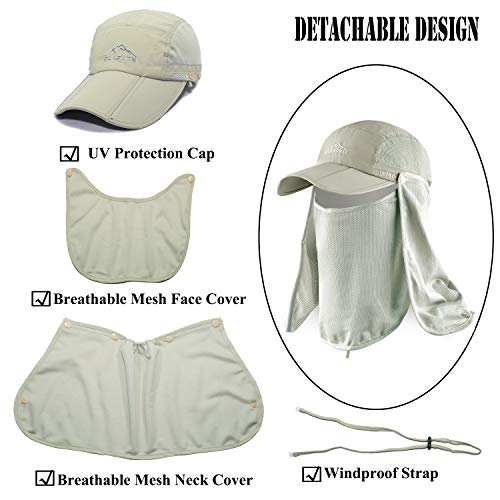 Outdoor Sun Hat for Men Women UPF 50+ Fishing UV Hat with Neck Flap Face Cover for Sun Protection - color: Khaki