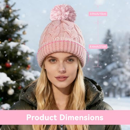 Slouchy Chunky Knit Beanie with Pom Pom - Cozy Winter Bobble Hat for Women and Men - color: Light Pink