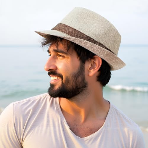 Lisianthus Mens Short Brim Summer Panama Fedora Trilby Sun Hat - color: Beige With Coffee Band