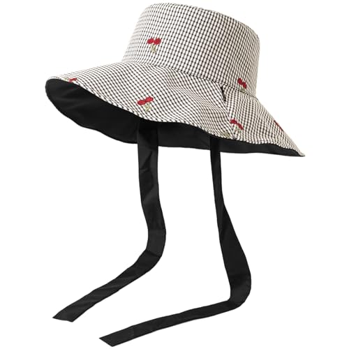 Women's Reversible Bucket Sun Hat with Cherries Embroidered Pattern, UPF 50+ UV Protection, Water Resistant for Beach Hiking - color: Black