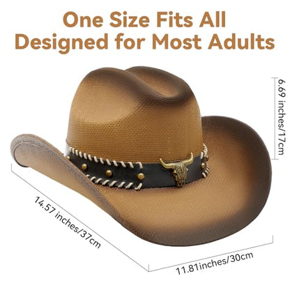 WQWOVRVO Cowboy Hat,Cowgirl hat,Brown Cowboy Hats for Women/Mens Straw Wide with Shapeable Brim Western Cowboy Hat for Womens - color: Brown & Coffee Color B