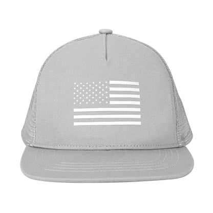 BROMZ Kids Youth American Flag Trucker Hat Flat Bill, Breathable Mesh Back Snapback Baseball Cap for Boys Girls 5-15 Years - color: Gray/White Flag
