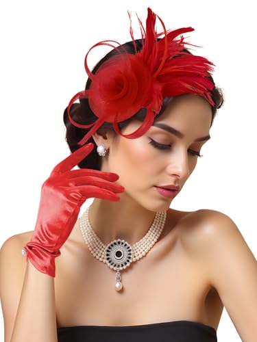 2Pcs 50s Fascinators Hats for Women Wedding Cocktail Flower Mesh Ribbons Feathers Church Tea Party Hats and Lace Glove - color: Red